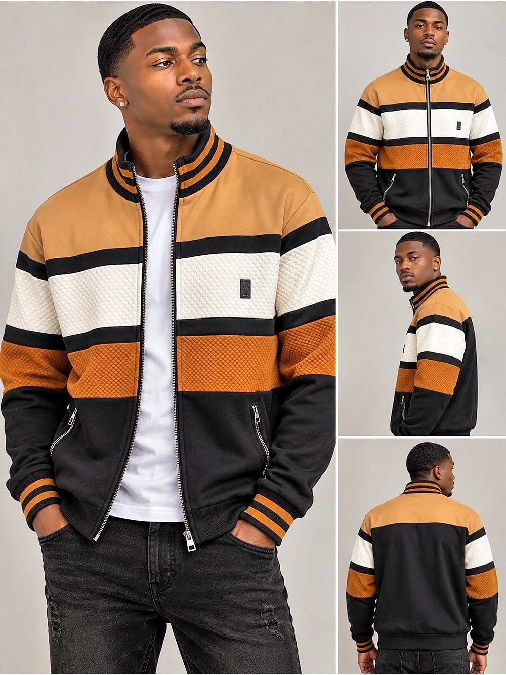 Makobi Men’s Colorblock Quilted Bomber Jacket Black Tan Cream M